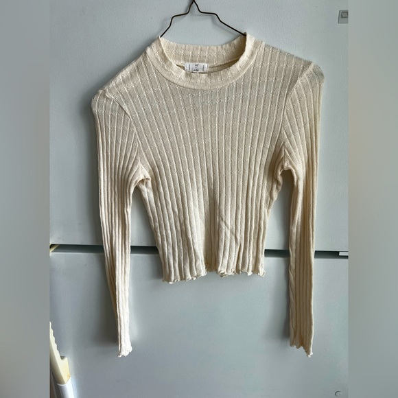 Ivy & Main Sweaters - Women’s Ribbed Cream Colored Long Sleeve Lettuce Trim Shirt
